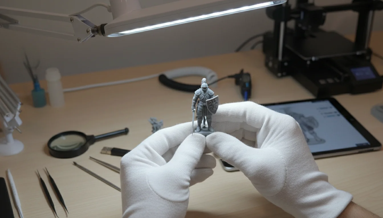 Hands inspecting a 3D print under quality control lamp