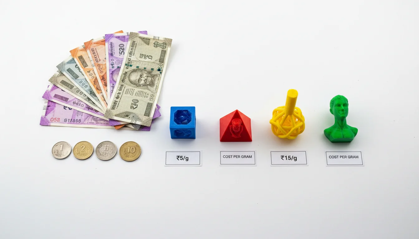 3D printing costs shown with Indian rupee — material by weight
